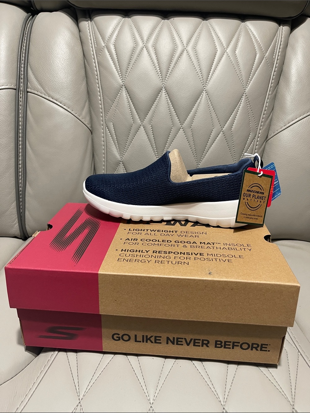 Skechers Navy Slip-On Memory Foam Walking Sneakers with White Sole - Picture 7 of 11